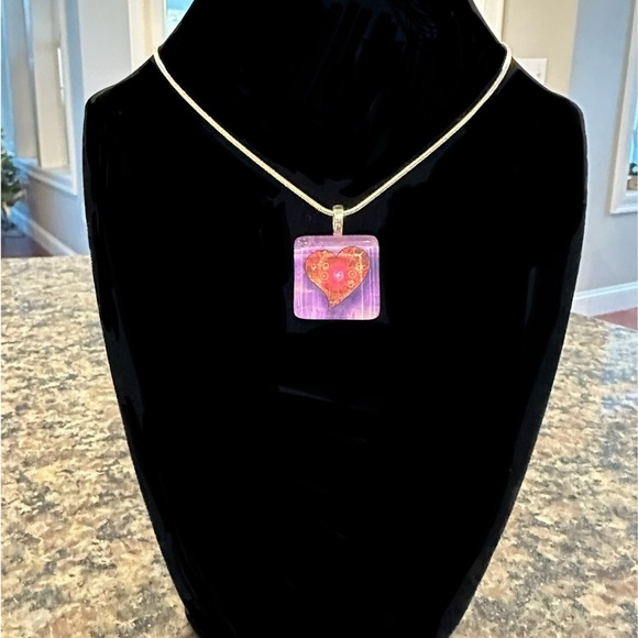 Hand Crafted Red & Purple Glass Tile Pendant - Picture 2 of 2